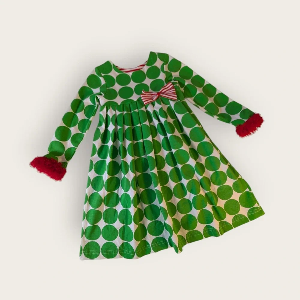 Vintage Peaches n Cream Girls Green Polka Dot Christmas Dress Red Trim Size 4